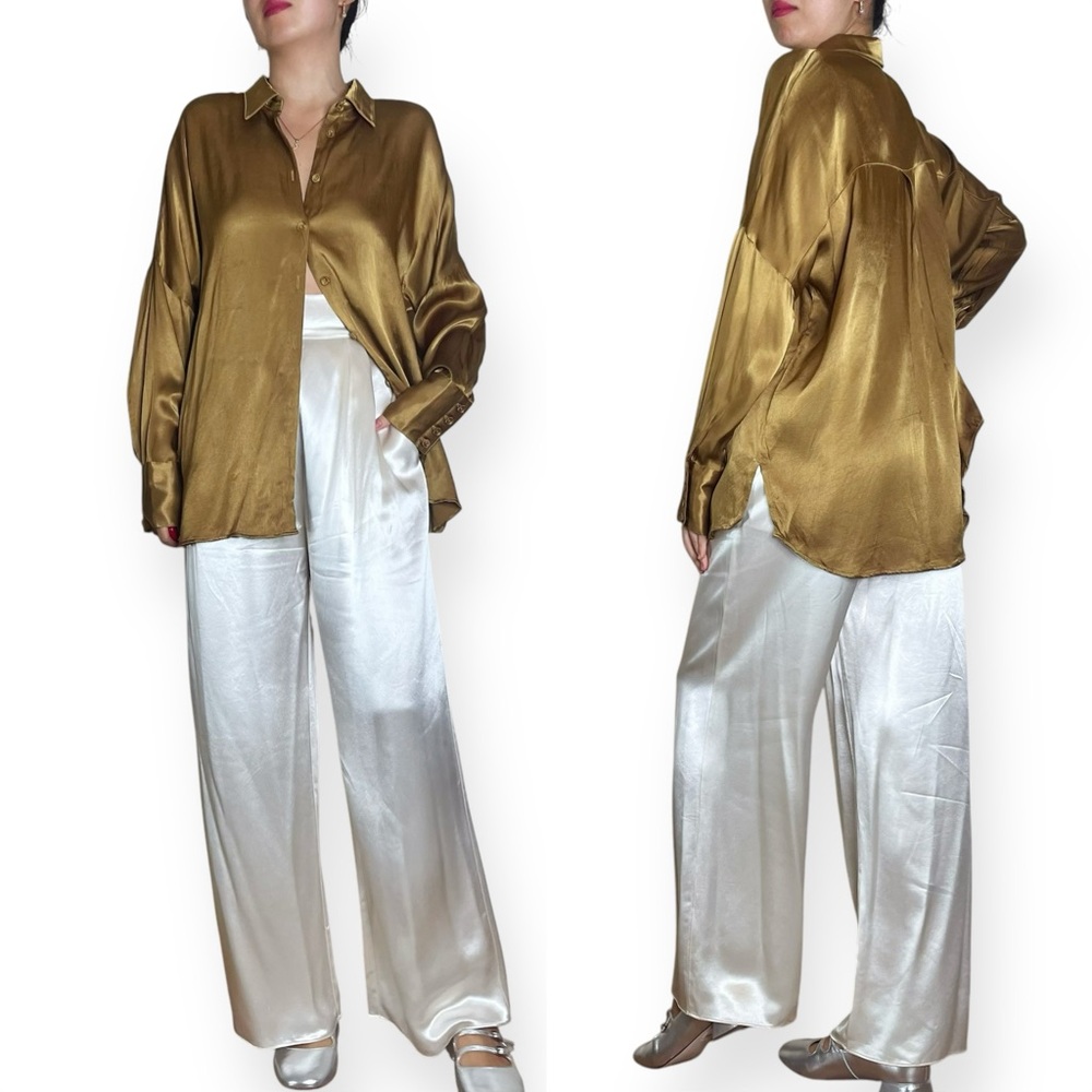 DISSH Simone Pearl Satin Shirt in Golden Olive Chartreuse Size 6 - Picture 8 of 16